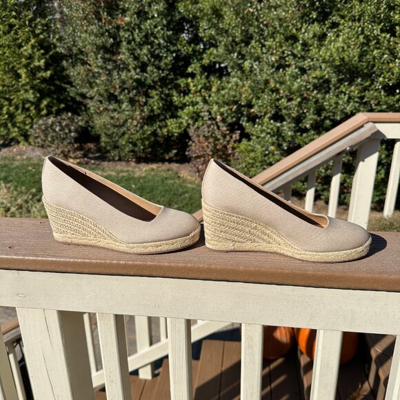 NWOT Crew Wedge Womens 7 Tan Cream Espadrilles Jute Platforms Canvas Sandals - Picture 8 of 11